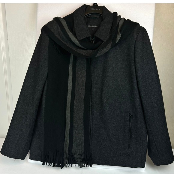 Calvin Klein Mens Wool Blend Full Zip Jacket with Scarf Charcoal GrayL